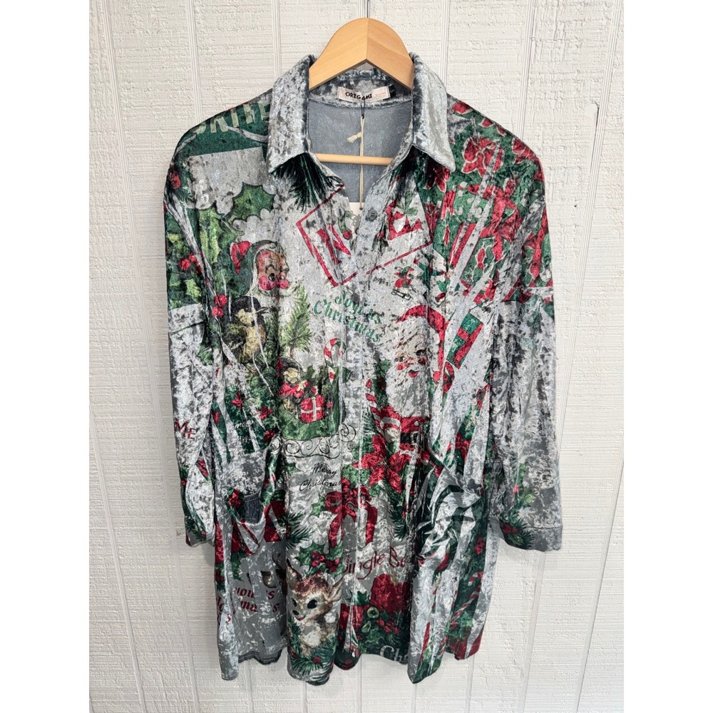 Origami by Vivien Christmas Button Down Women Silver Velvet Vintage Print Small